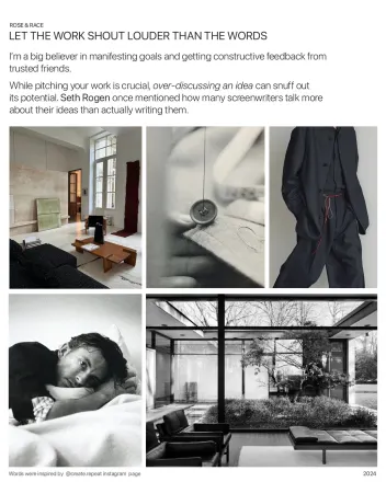 Let the work shout louder than the words: text above a grid of interior, fashion and portrait photographs