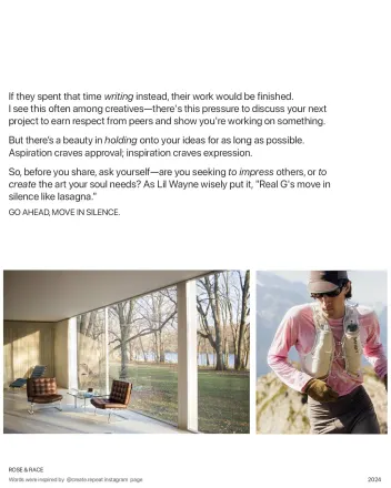 Go ahead, move in silence: text above photographs of a glass-walled living room and a trail runner