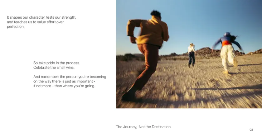 The journey, not the destination: text beside a photograph of three people running across a desert